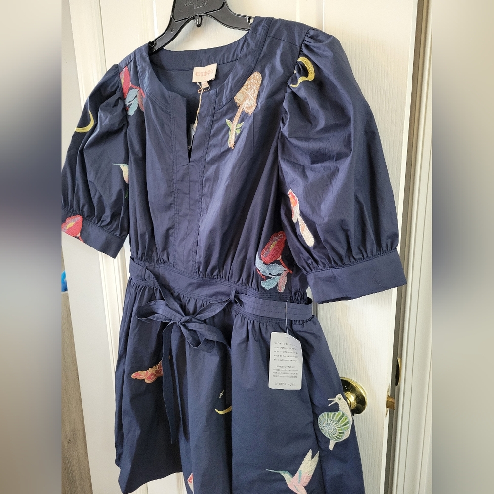 NWT CIEBON Barona Nature Embroidered Fit & Flare Cotton Dress Navy Blue Size XL - Picture 5 of 16